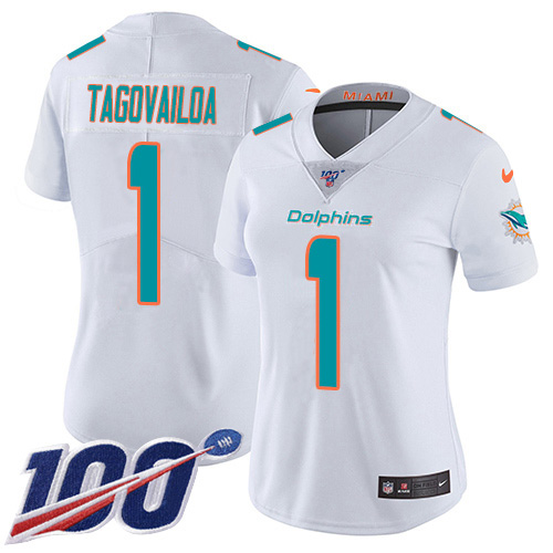 Nike Miami Dolphins 1 Tua Tagovailoa White Women Stitched NFL 100th Season Vapor Untouchable Limited Jersey